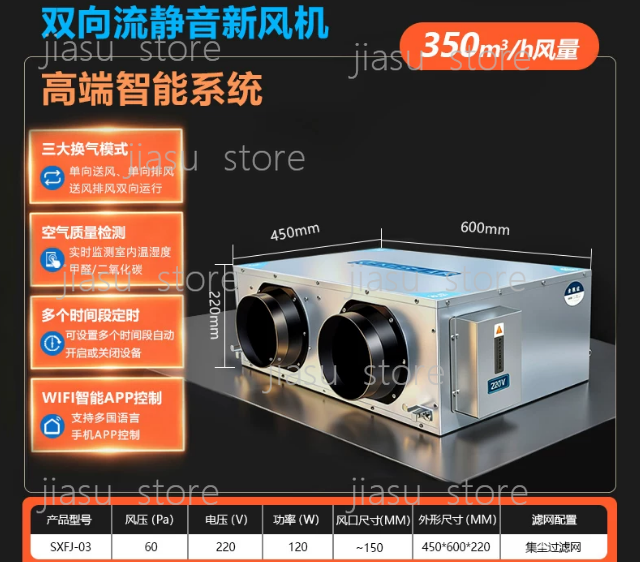 Smart Home Ventilation System - Hoogwaardig 350 CFM slim bidirectioneel luchtstroomsysteem,